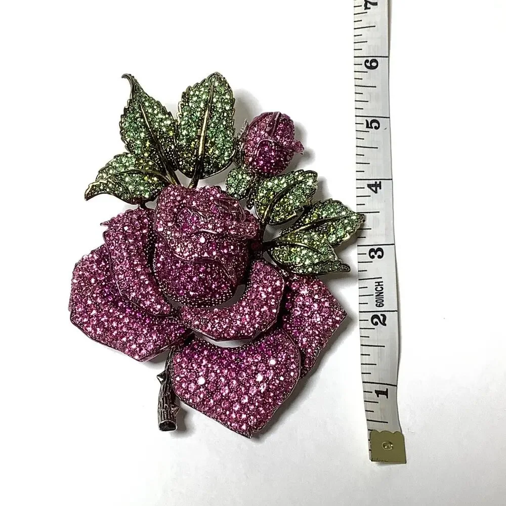 Vintage Pink Rose Flower Green Leaf Rhinestone Crystal Statement Brooch F15-22